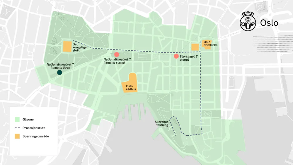 Kart over Oslo sentrum som viser grønn gåsone, sperringsområder og prosesjonsrute rundt Slottet, Stortinget, Oslo rådhus, Oslo domkirke og Akershus festning.
